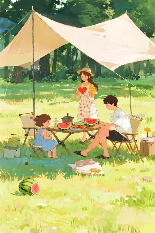 一家人户外野餐插画