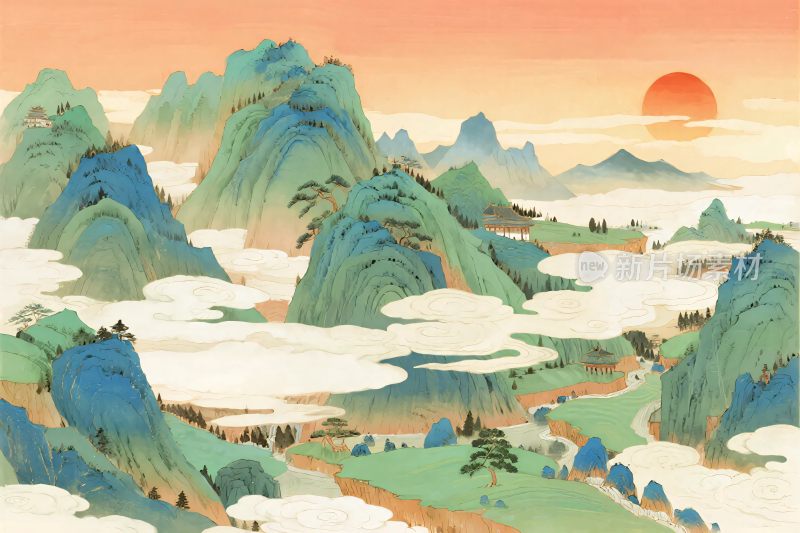 山水云雾夕阳插画