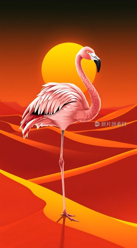 火红夕阳下的火烈鸟