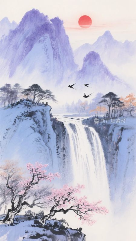 中式山水瀑布日出图景