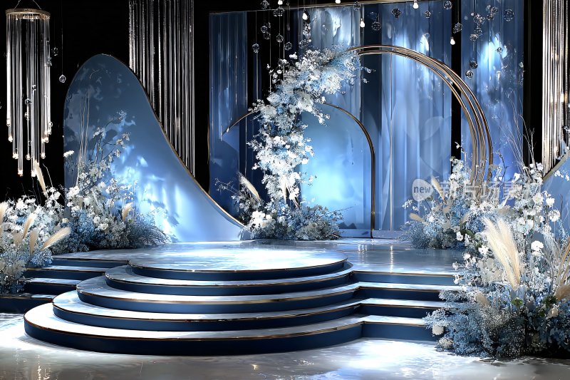 梦幻蓝白色系婚礼舞台场景