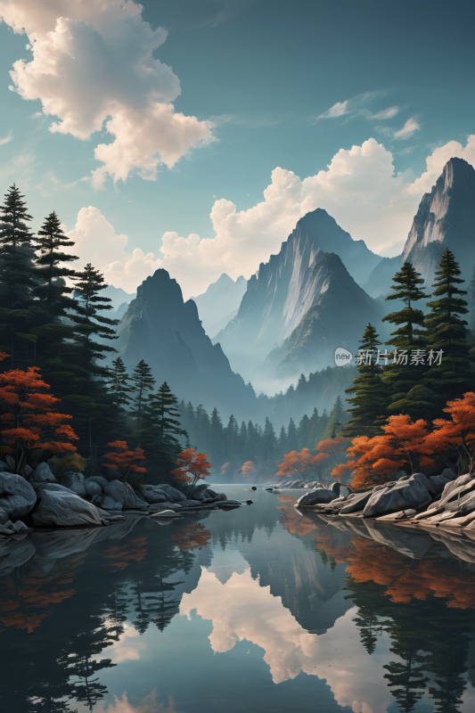 河流和树木的山景高清风景插画插图图片