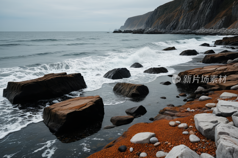 阴天悬崖附近的岩石海岸有岩石和水高清图片