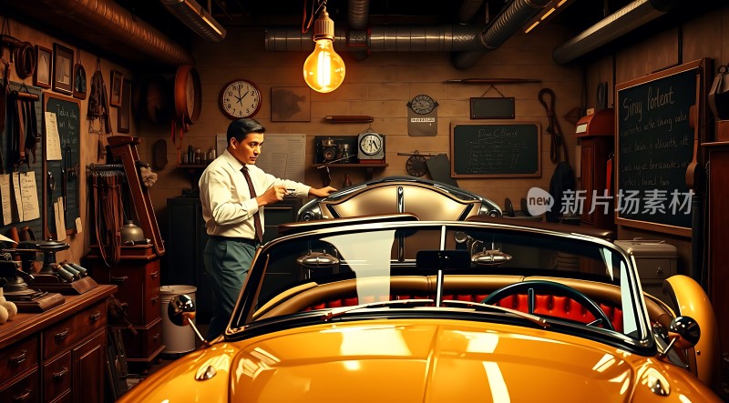 经典车库里的复古汽车与优雅绅士