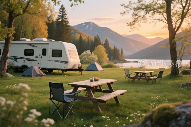 森林湖畔露营图