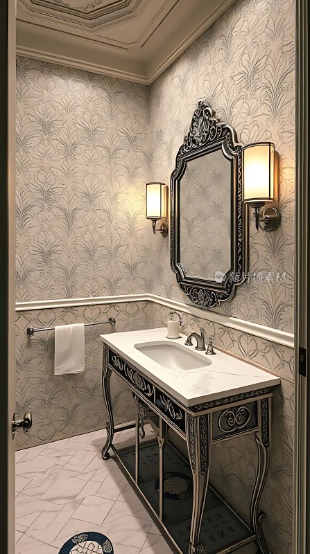 复古浴室精美洗手台与镜子组合