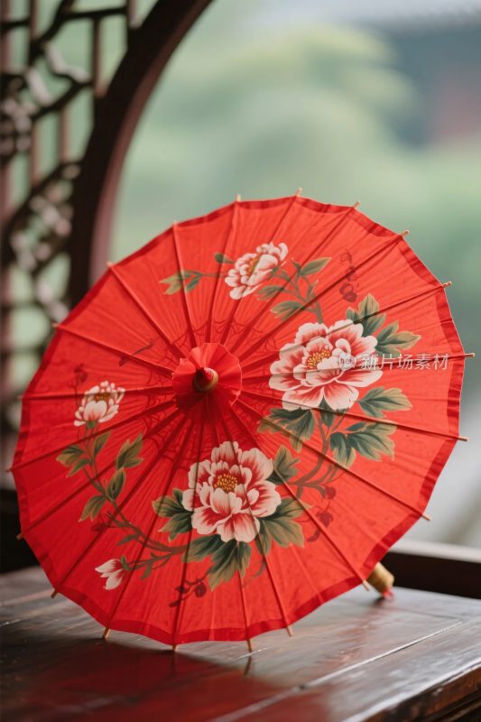 红色花卉油纸伞