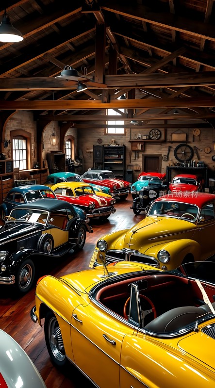 经典车库里的多彩复古汽车