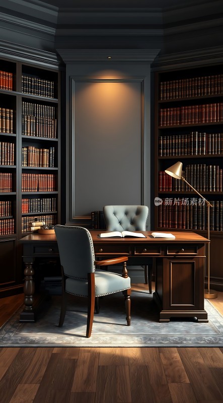 书房一角书架、桌椅与灯光营造宁静氛围