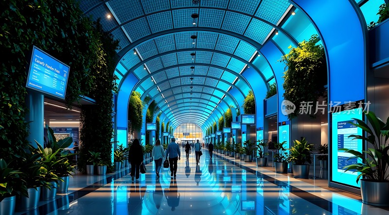 现代机场走廊绿植环绕科技感十足