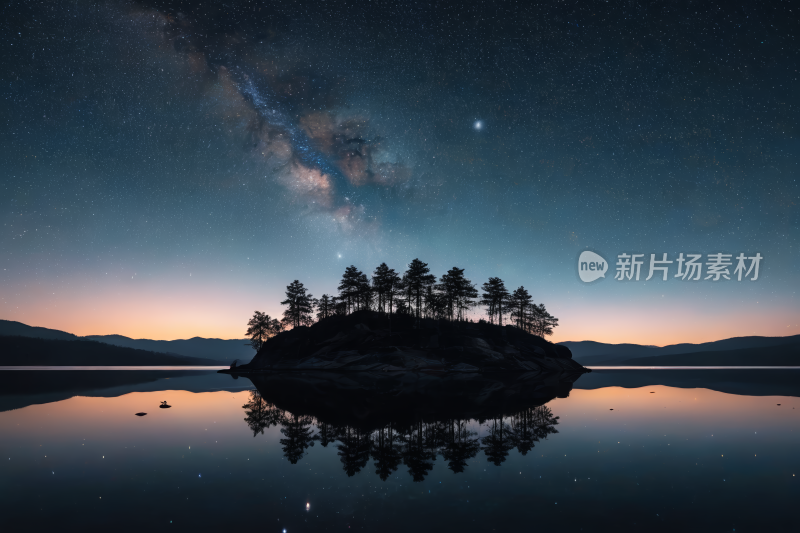 星空飞过一座小岛岛上有树木星空充满风景