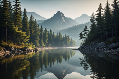 树木倒映在山湖的水中高清风景插画图片