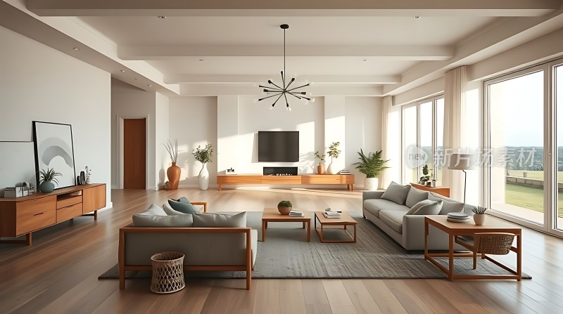 现代简约客厅木质家具与自然光线完美融合