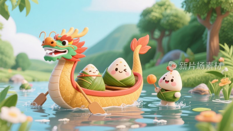 卡通Q版 传统节日端午节 粽子龙舟比赛