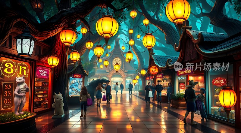 灯笼夜市繁华街景