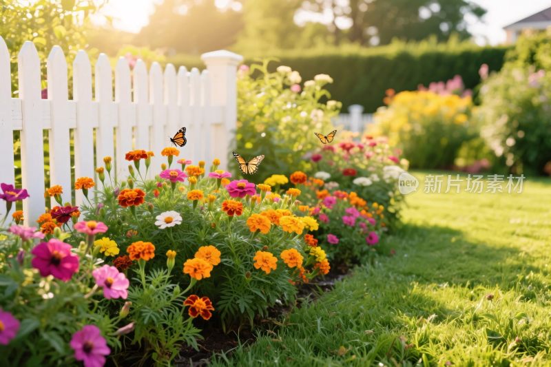 花园花丛与白色栅栏