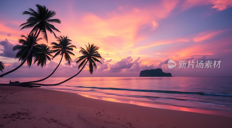 椰林晚霞映碧波