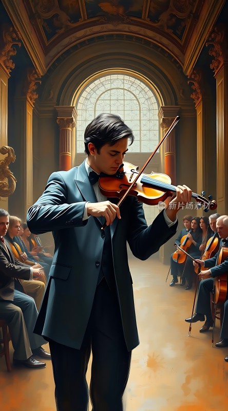 小提琴手在华丽大厅中演奏