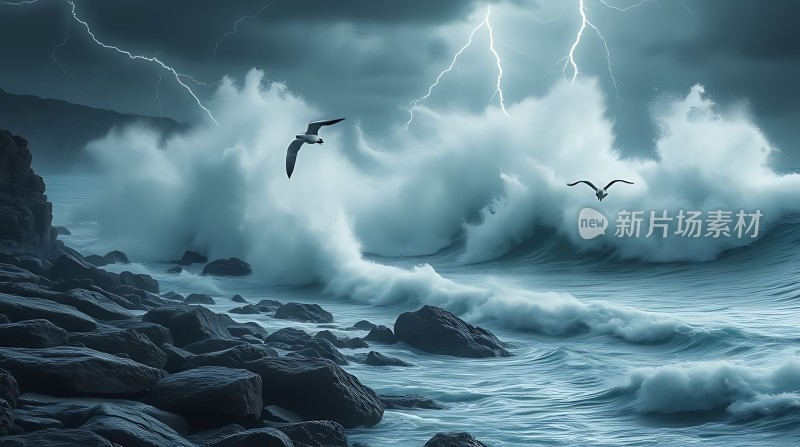 风暴海浪与飞翔的海鸥