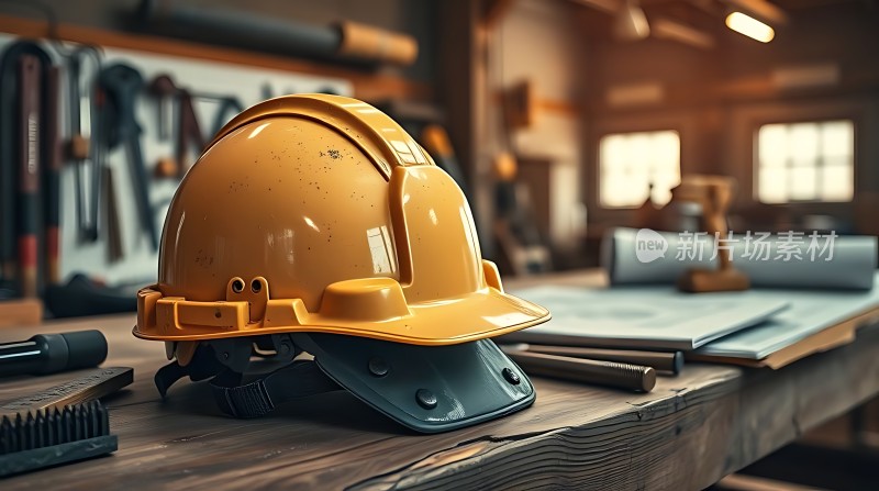 黄色安全帽与工具工作台