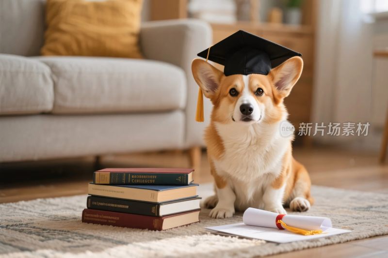 戴学士帽的小狗毕业场景
