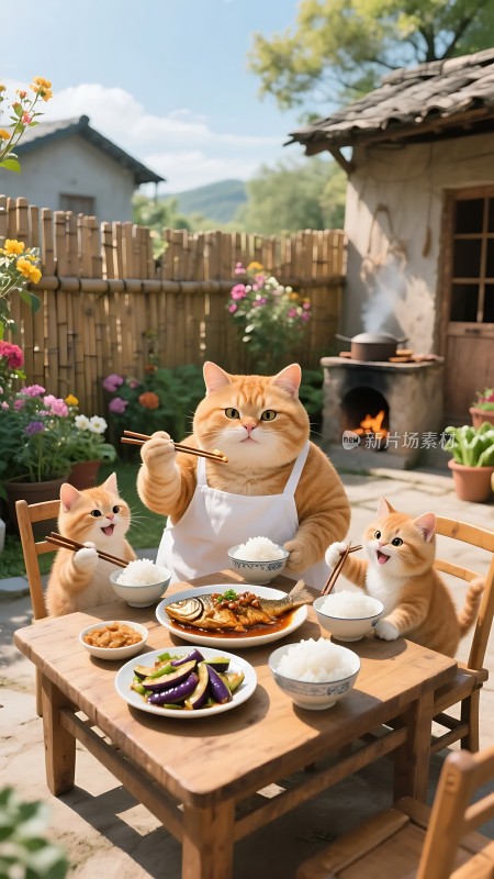 三只橘猫在户外享用美食