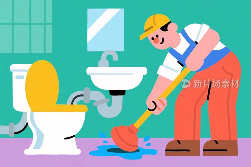 卡通工人清洁卫生间