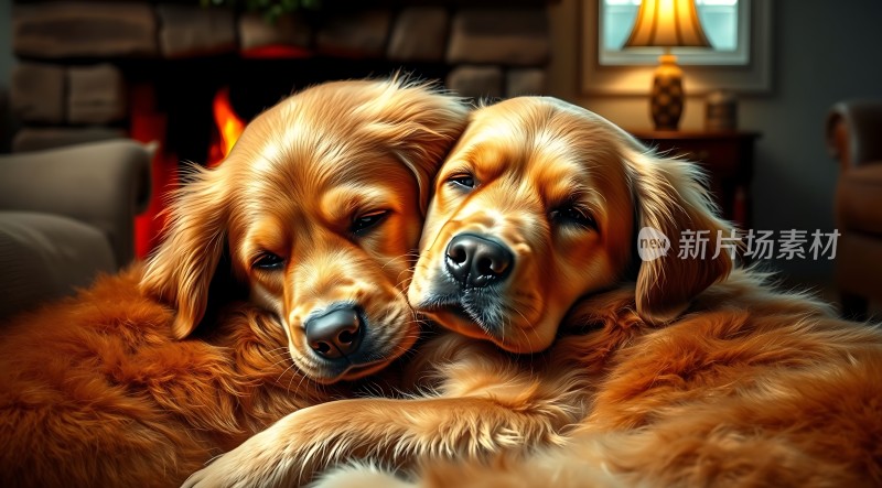 温馨壁炉旁的金毛犬依偎