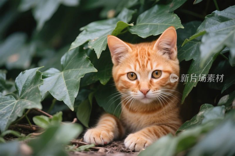 橘猫躲在绿叶中