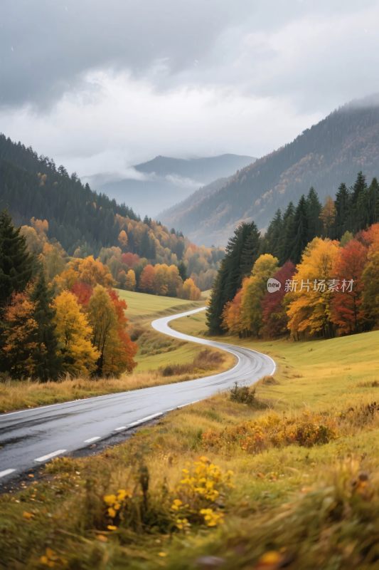 秋日山间蜿蜒公路美景