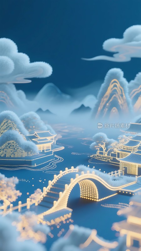 云雾缭绕古桥楼阁