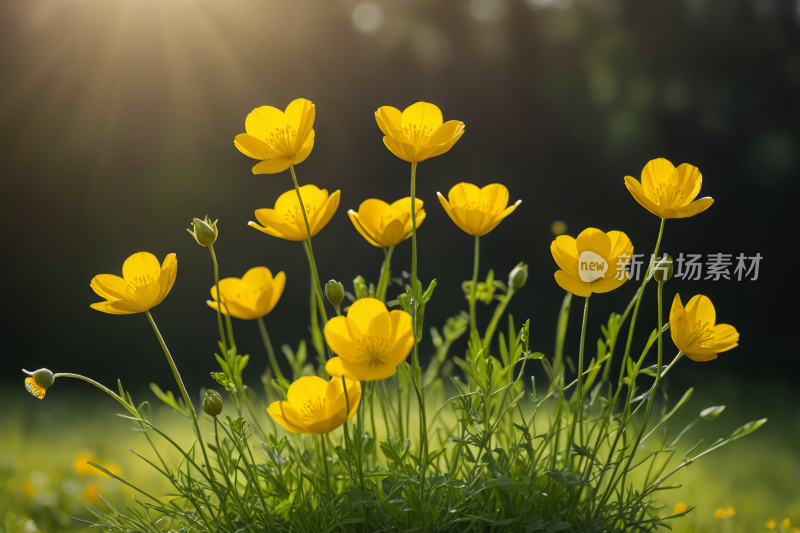 田野里的黄色花朵阳光透过树木照射背景图片