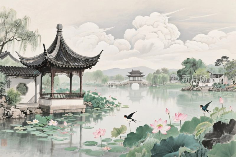 中式古典园林风景插画