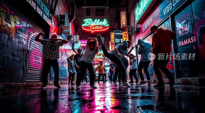 霓虹灯光下街舞少年活力四射