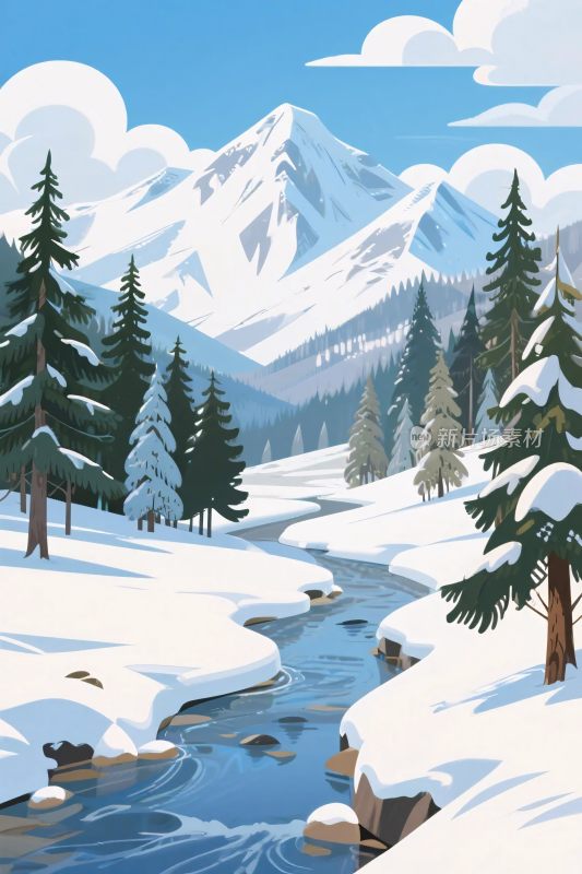 雪山溪流冬日风景插画