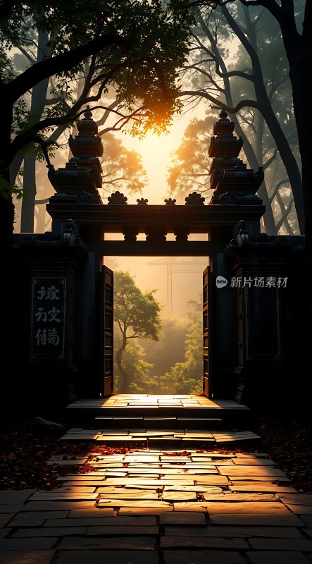 晨曦中的古寺大门