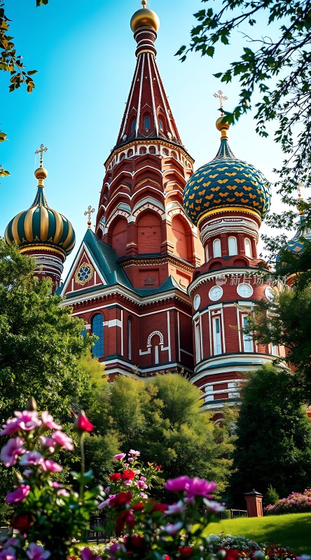 圣彼得堡夏宫红砖教堂与绿树繁花相映成趣