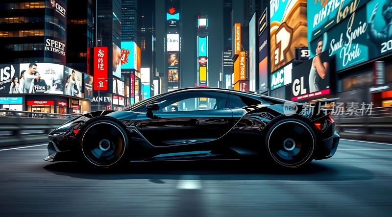黑色跑车疾驰夜色都市街头