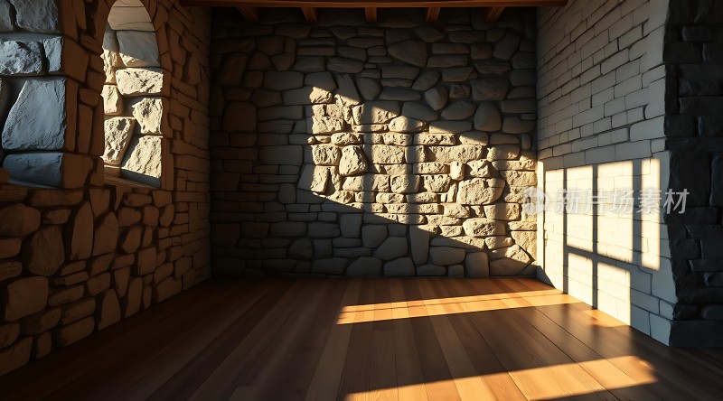 阳光下的石墙木屋