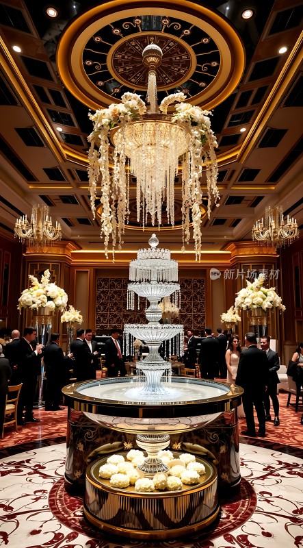 豪华宴会厅璀璨吊灯与精美喷泉相映成趣