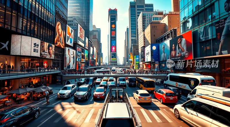 繁华都市街头车水马龙高楼林立广告牌琳琅满目
