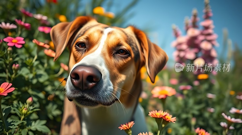 阳光下的花丛小狗