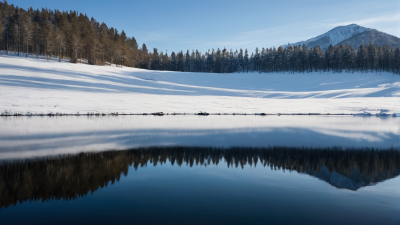 山倒映在雪中的湖水中风景图片