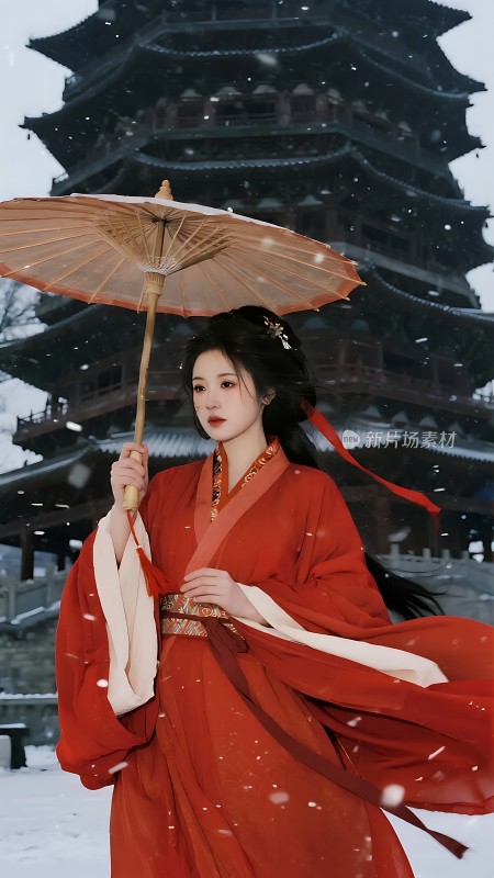 红衣佳人撑油纸伞雪中楼阁映白纱