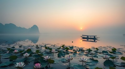 湖畔晨曦映荷花