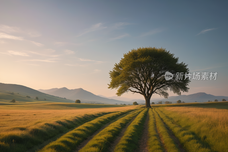 田野里一棵孤树一座高山清风景图片