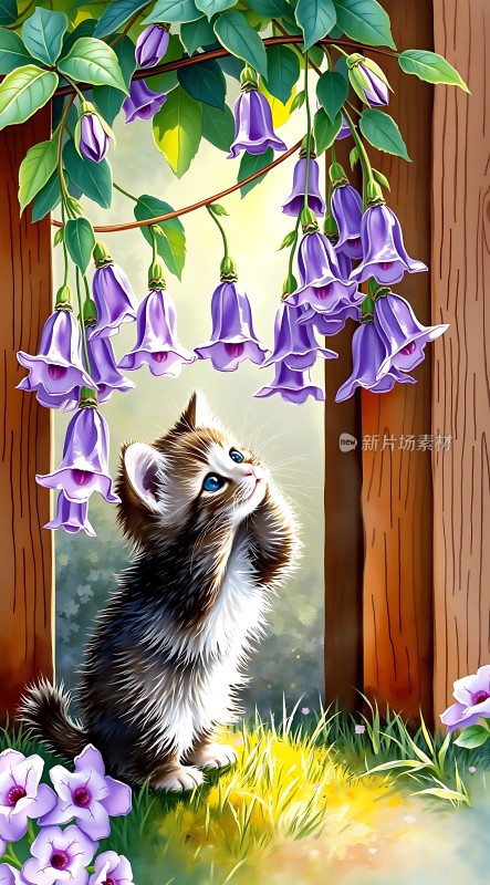 小猫仰望紫色花朵
