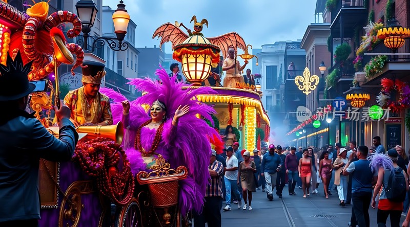 狂欢节之夜霓虹闪烁街头盛宴欢声笑语色彩斑斓