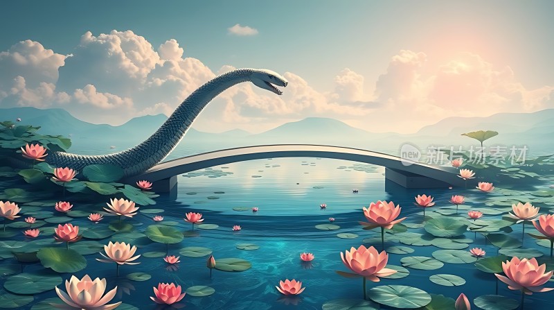 湖中巨蟒与荷花