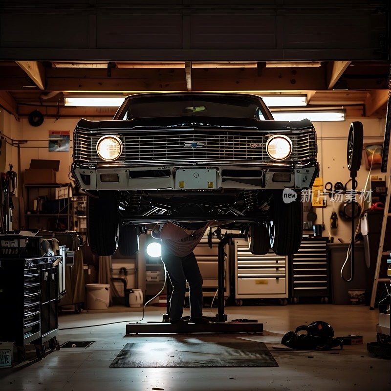 车库里的经典汽车维修场景